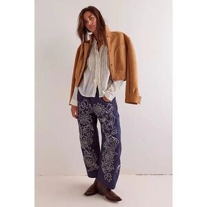 Free People Good Luck Soutache Barrel Jeans Size 27S Mood Indigo NWT